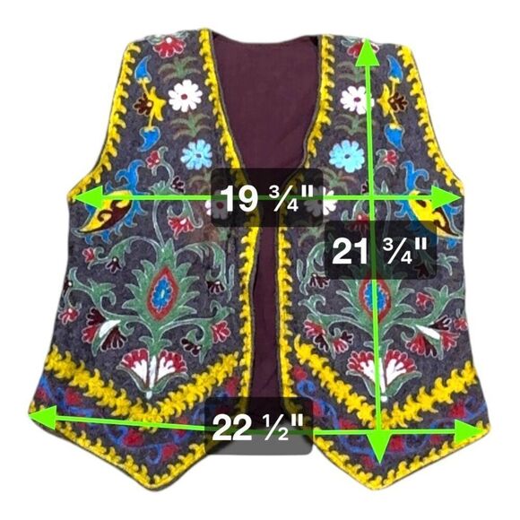 Vtg 60s Uzbek Textile Embroidered Vest S M Black Tulip Boho Kitsch Y2K Handmade - Picture 4 of 6